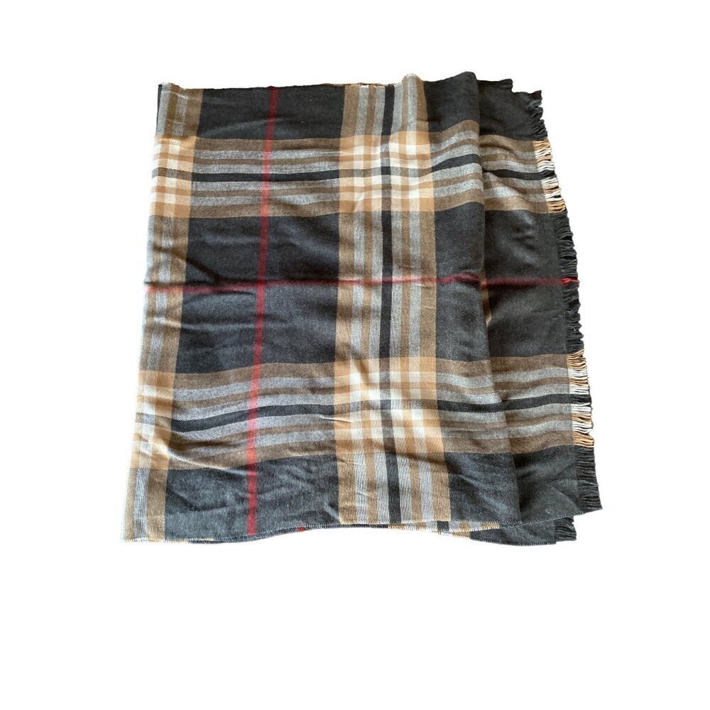 V.‎ Fraas Brown Black Plaid Scarf Fringed Edge